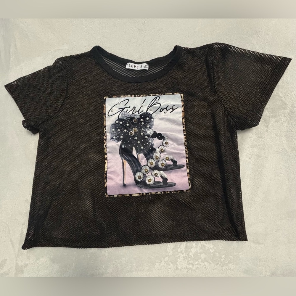 love J Black Mesh Tee with Embellished Shoe Graphic